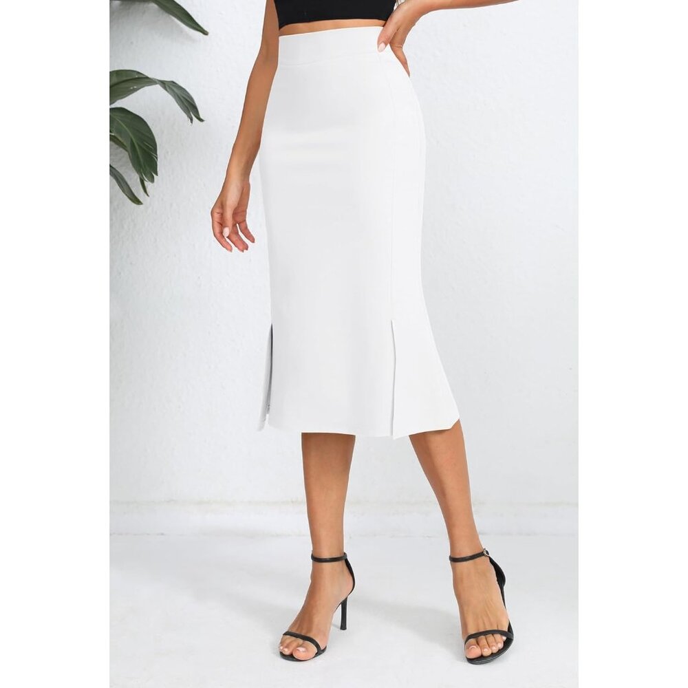 Women's White Stretch Office Fishtail Pencil High Waist Bodycon Slit Midi Skirt - Picture 3 of 6